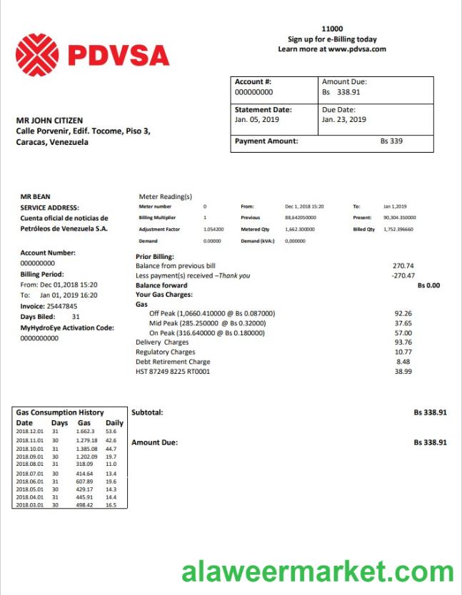 Venezuela PDVSA Gas utility bill template in Word and PDF format